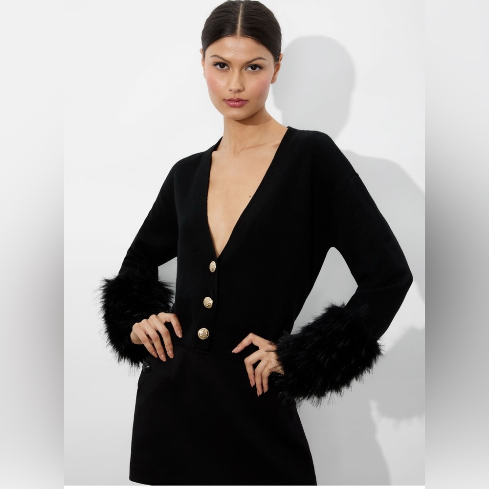 Bradley Black Cardigan with Gold Buttons and Faux Fur Cuffs (like new)